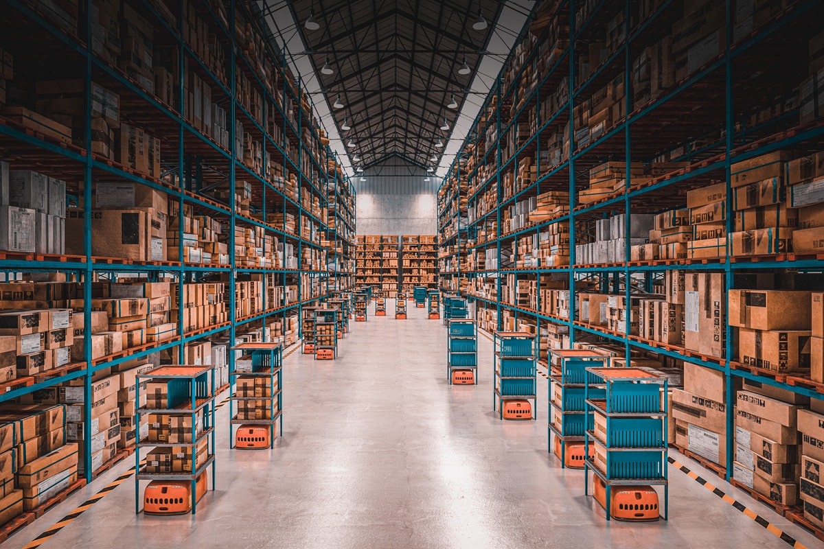 modern warehouse with automated goods movement system.
